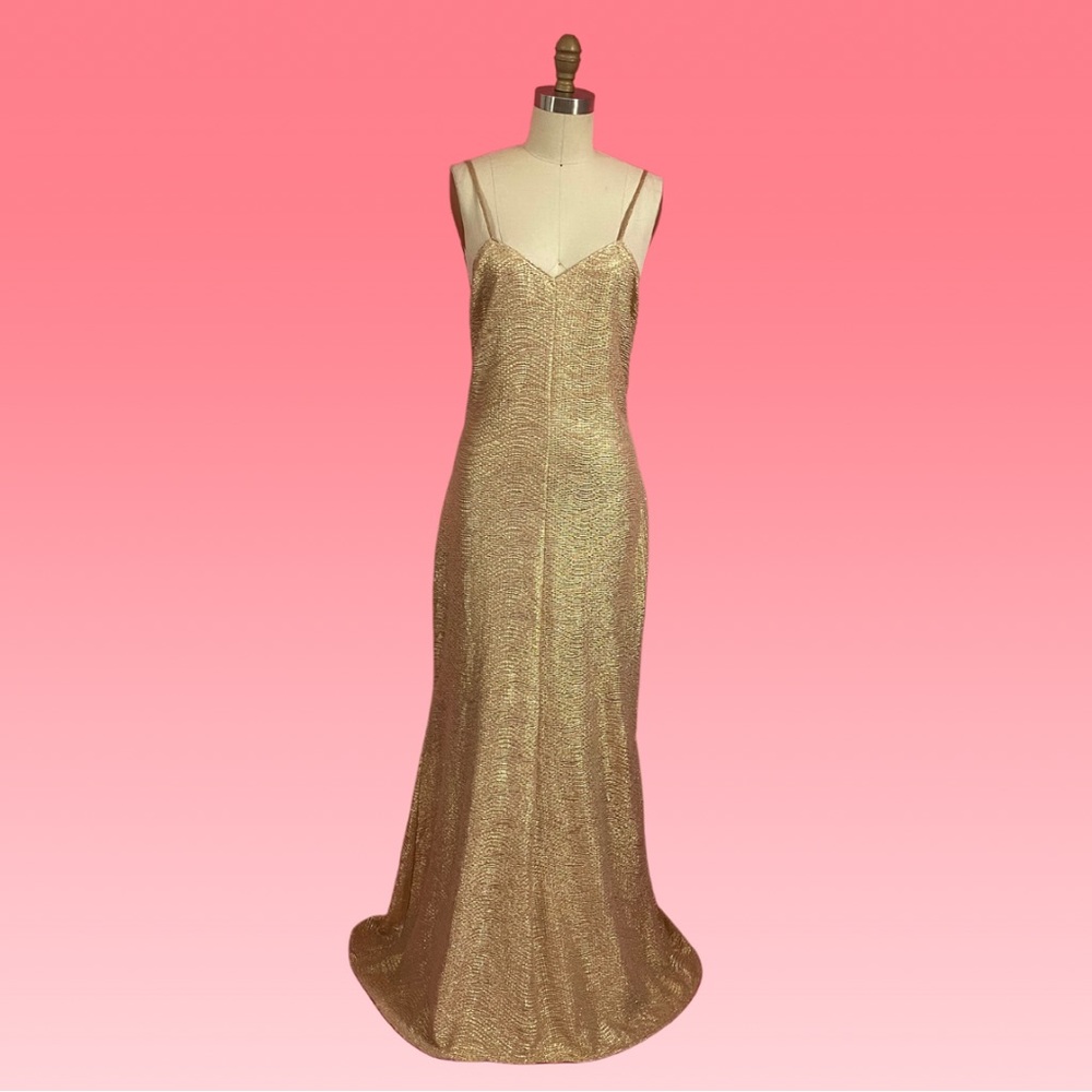 REFORMATION Statement Crinkle Stretch Gold Plunging Low Back Maxi Dress XS